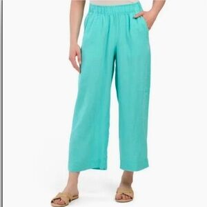 Tahari NWT Cropped Wide Leg Luxe 100% Linen Pull On Pants Womens Med. Turquoise